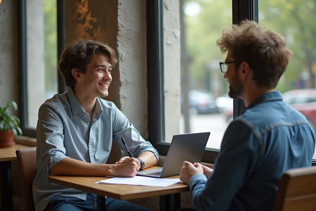 Jeune homme discutant avec un entrepreneur dans un café