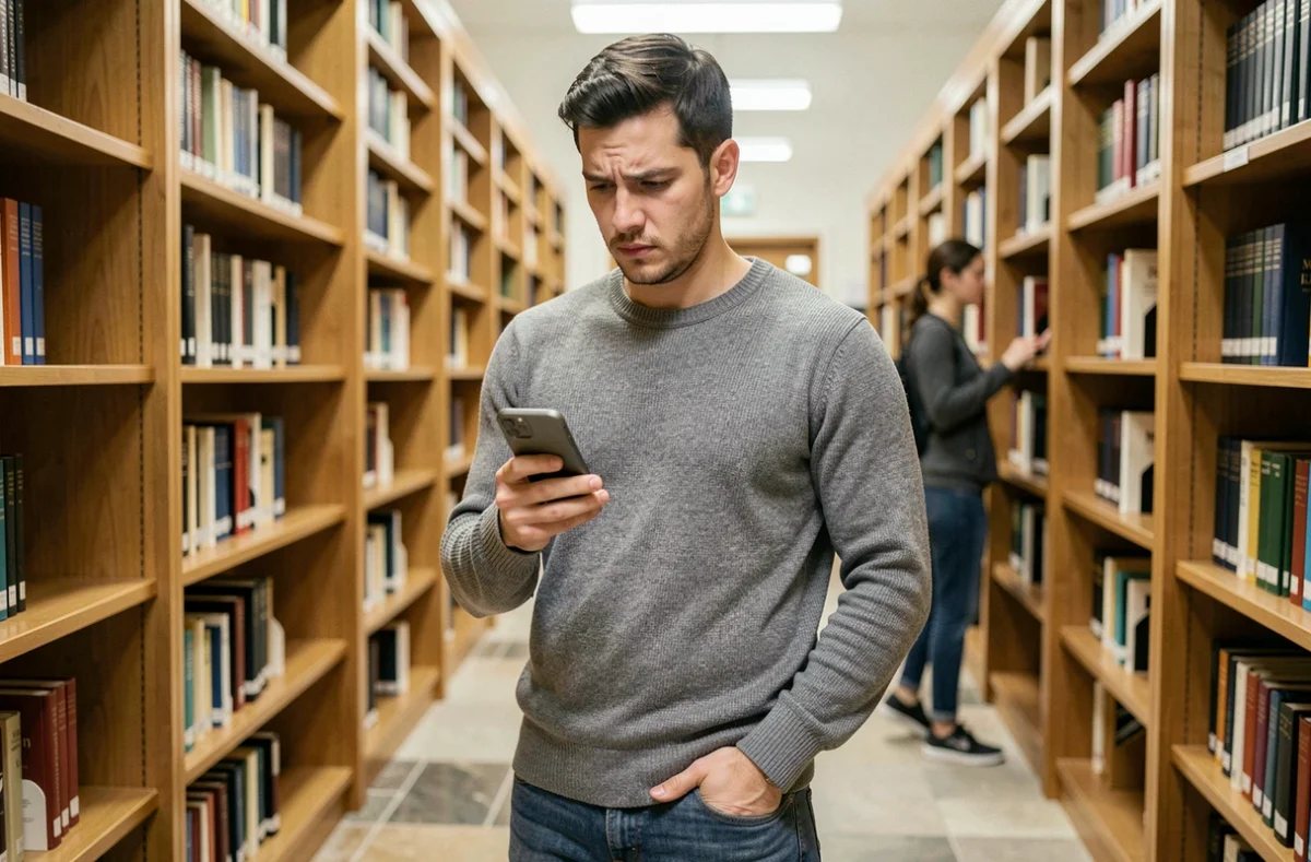 Doctorant vérifiant en temps réel les résultats du concours CNRS 2026 sur son smartphone dans une bibliothèque universitaire