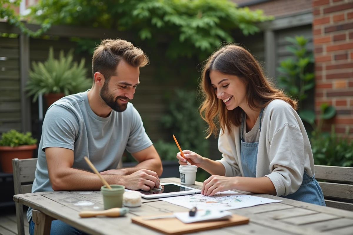 Deux adultes collaborant sur un projet de relooking de meuble dans un jardin avec une tablette affichant un tutoriel de la plateforme Bricoludik