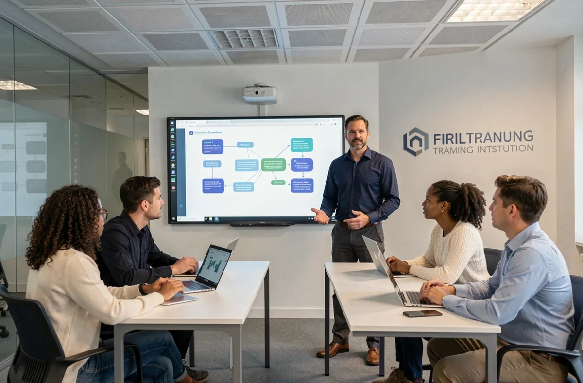 Formateur en école de digital parisienne donnant un cours en présentiel à un groupe d'adultes devant un tableau interactif