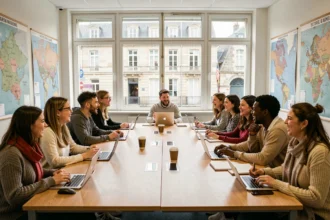 Groupe d'adultes suivant un cours de langue dans une école de langues en Bourgogne-Franche-Comté