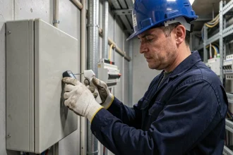 Électricien portant des EPI inspectant un tableau électrique basse tension dans un environnement industriel, illustrant l'habilitation électrique B1V H1V