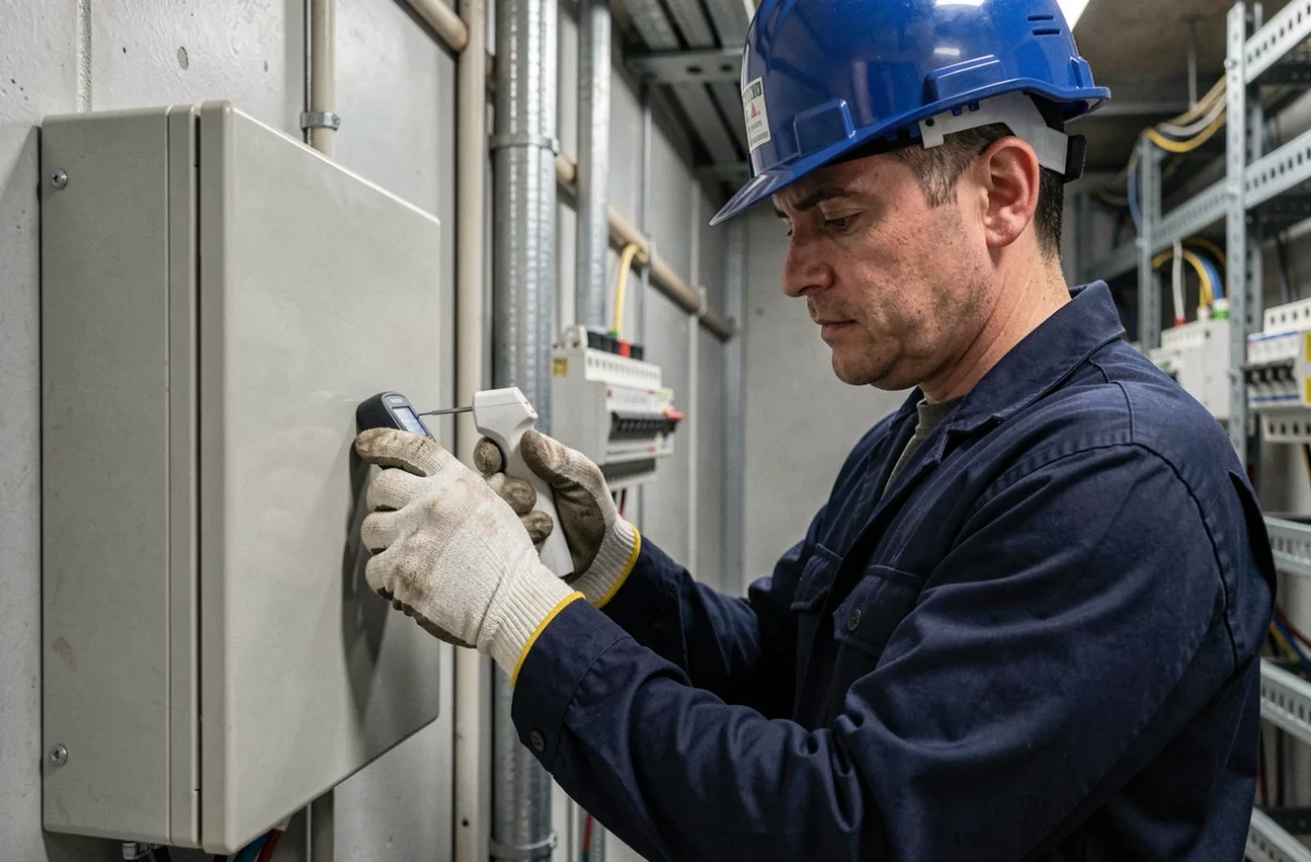 Électricien portant des EPI inspectant un tableau électrique basse tension dans un environnement industriel, illustrant l'habilitation électrique B1V H1V