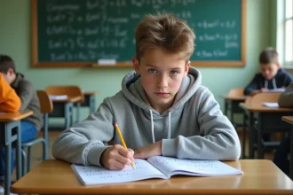 Élève de collège résolvant un exercice de conversion km/h en m/s dans un cahier sur un bureau en bois