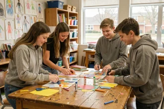 Élèves du collège Jean Rostand travaillant ensemble sur un projet artistique en classe, ambiance authentique de vie scolaire