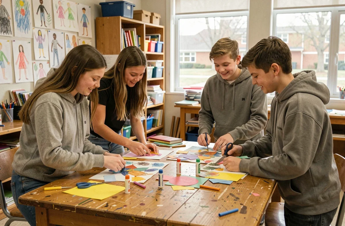 Élèves du collège Jean Rostand travaillant ensemble sur un projet artistique en classe, ambiance authentique de vie scolaire