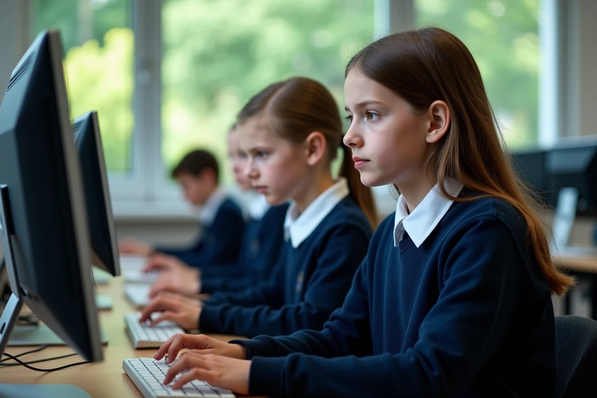 Deux adolescents en uniforme utilisant des ordinateurs en laboratoire