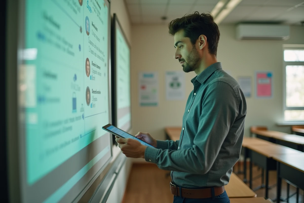 Enseignant consultant sa messagerie académique sur une tablette dans une salle de classe