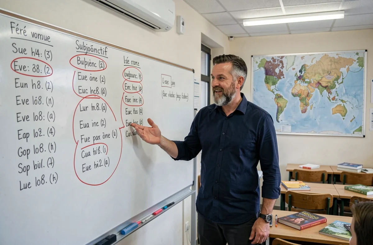 Enseignant expliquant la règle du subjonctif au tableau blanc dans une salle de classe de français avec des conjugaisons écrites à la craie