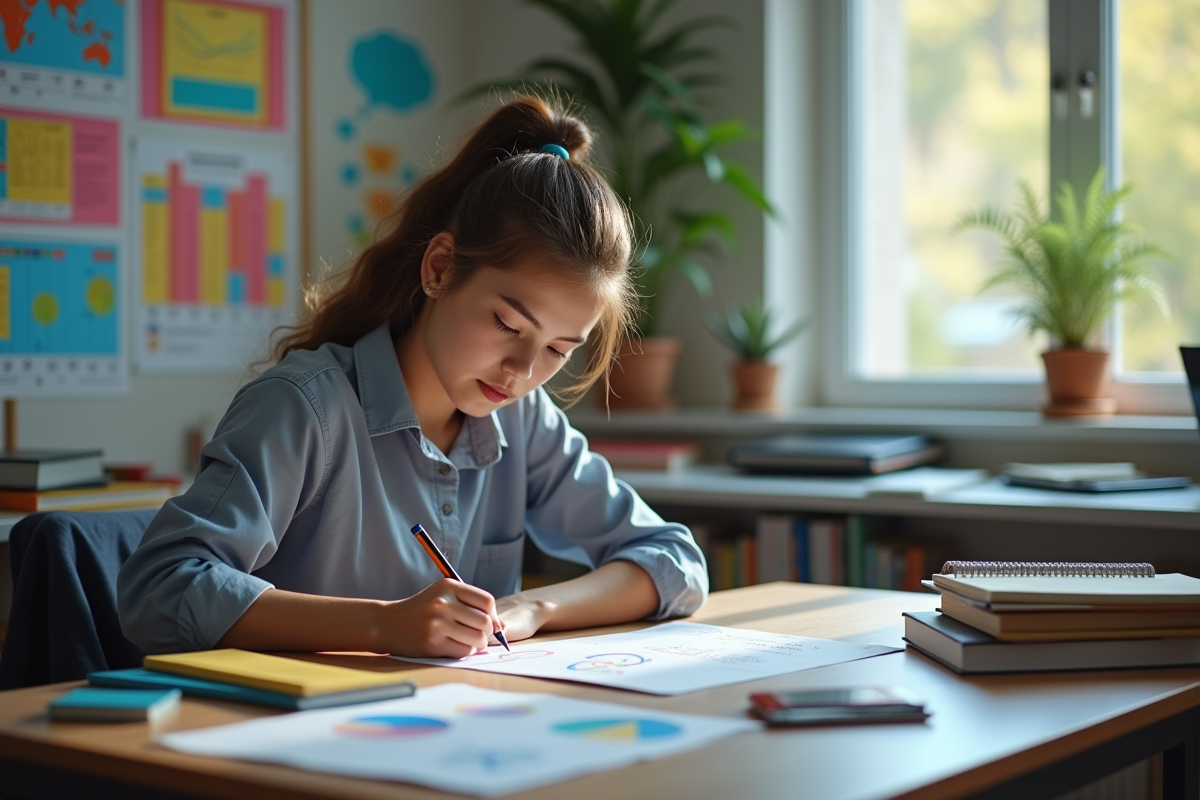 Professeur concentré écrivant dans un bureau organisé avec matériel éducatif