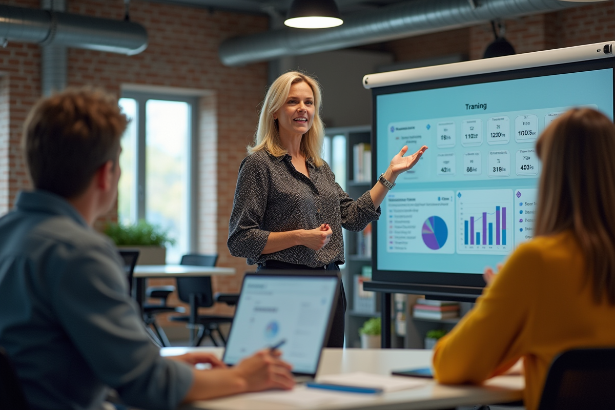 Instructrice montrant une application sur tableau interactif