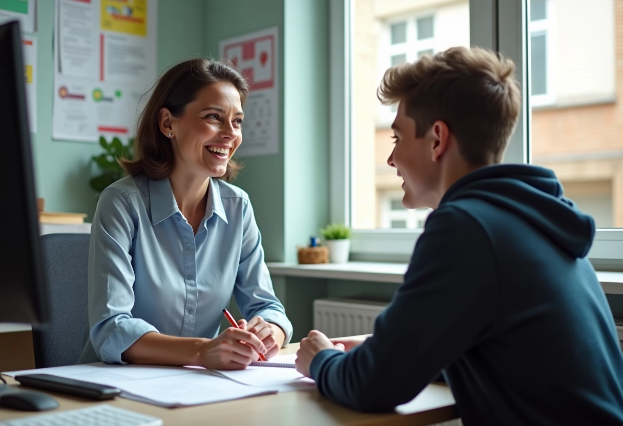 Professeure avec un élève dans un bureau scolaire français
