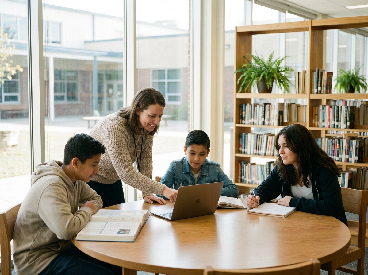 Professeure et étudiants en étude dans une bibliothèque lumineuse