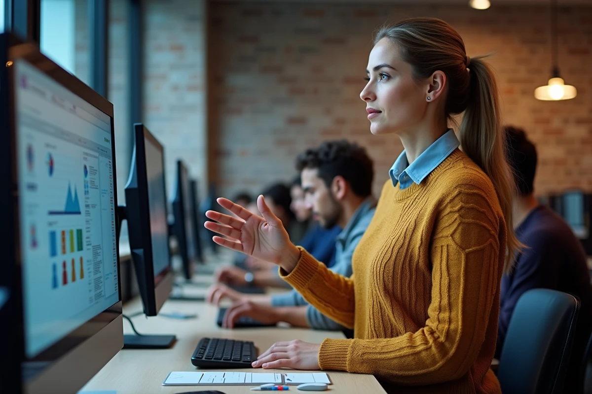 Professeure guidant des élèves dans un laboratoire informatique