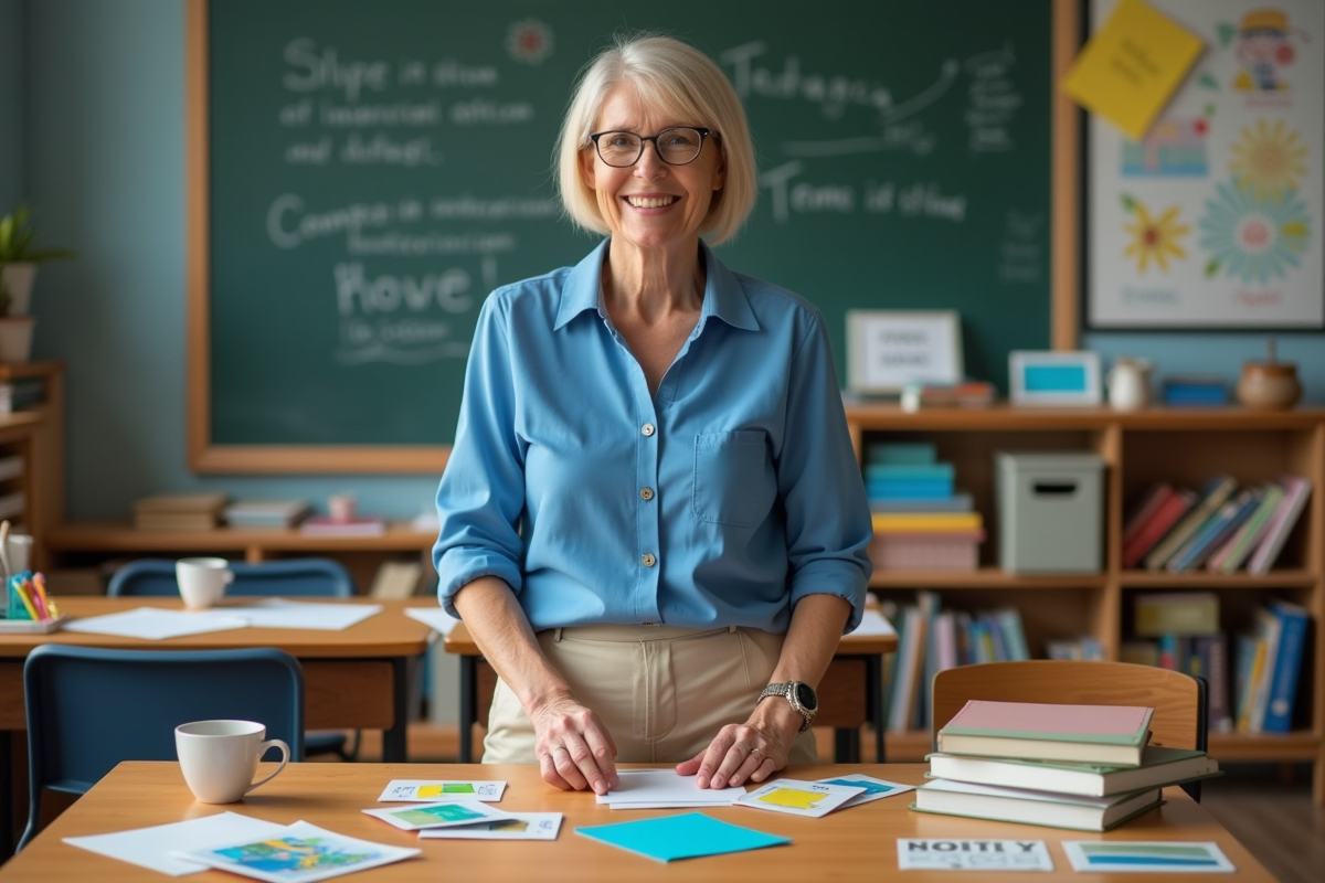 Enseignante dans une classe chaleureuse avec matériel éducatif
