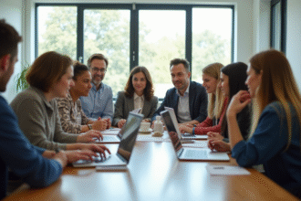 Groupe d'enseignants collaborant dans une salle de classe lumineuse