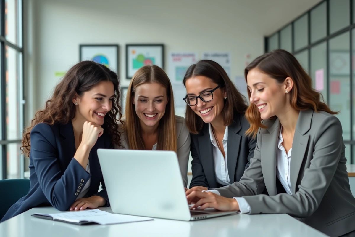 Groupe d'enseignants discutant autour d'un ordinateur en classe