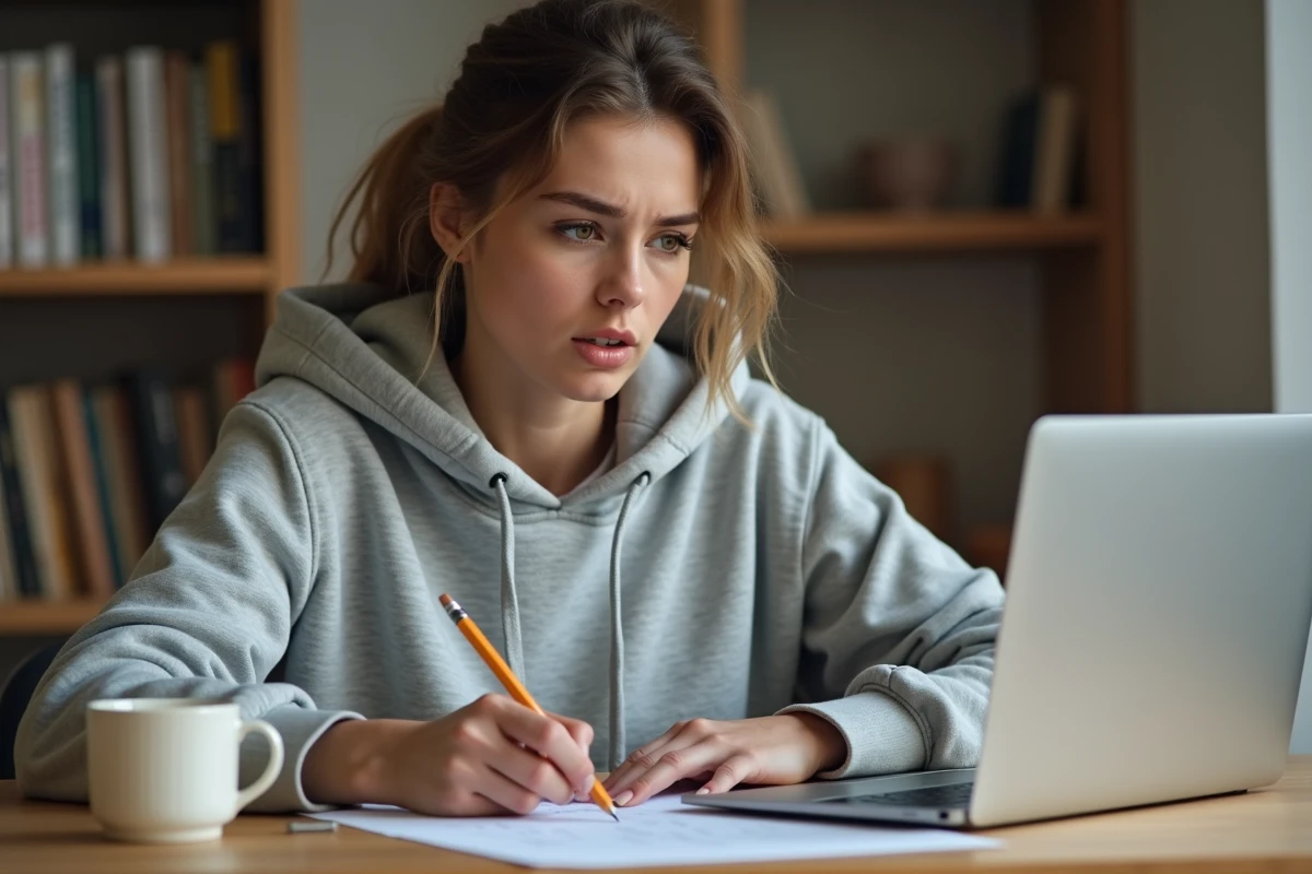 Jeune femme étudiant les questions du permis de conduire sur une feuille d'entraînement à son bureau à domicile