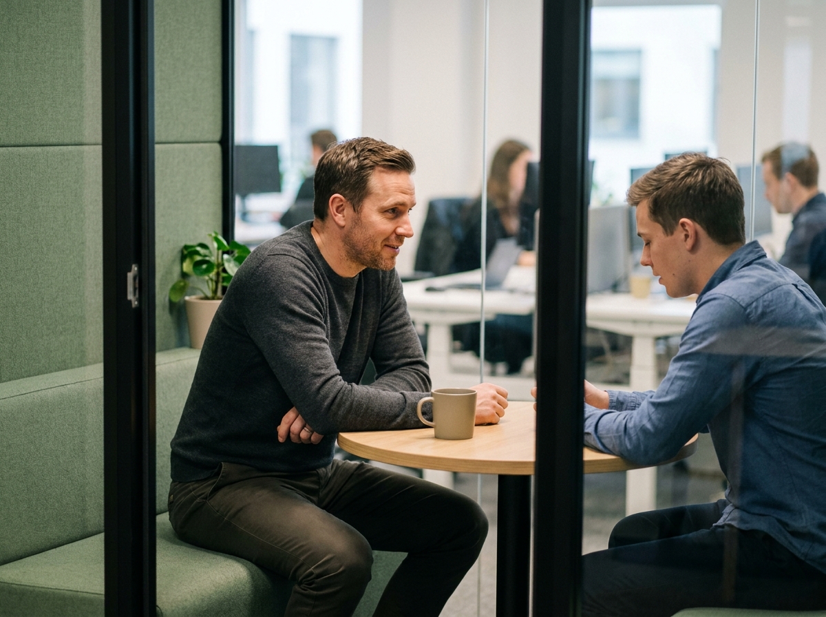 Manager homme en entretien individuel avec un collaborateur, accompagnement et écoute managériale