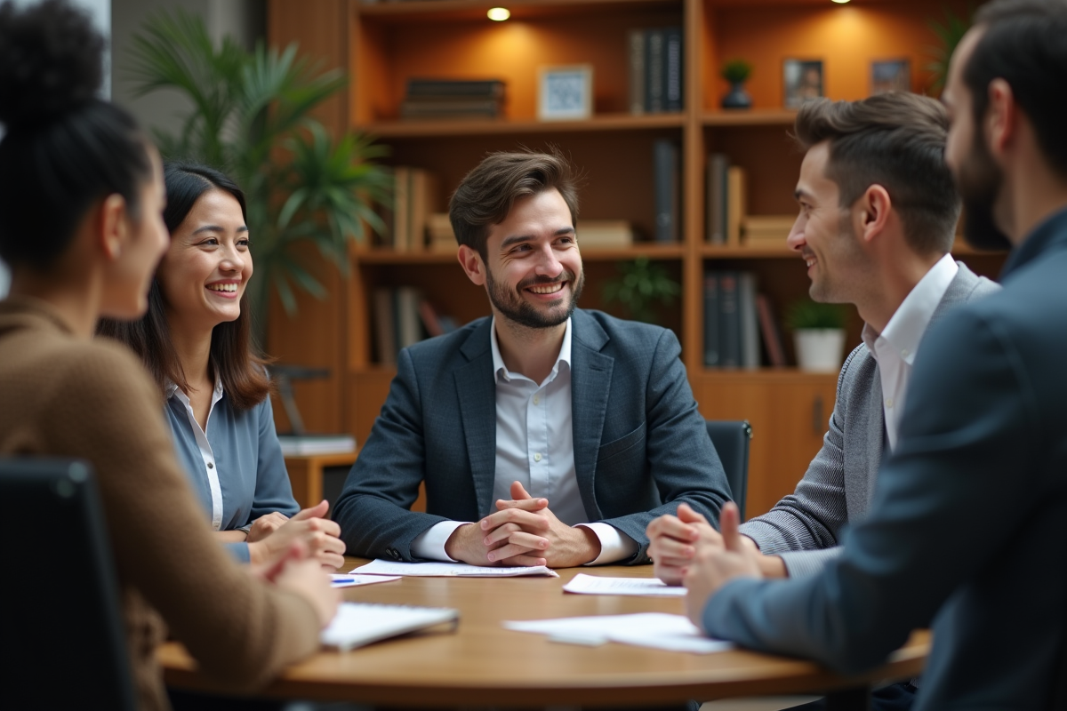 Jeune homme en réunion avec équipe diverse au bureau