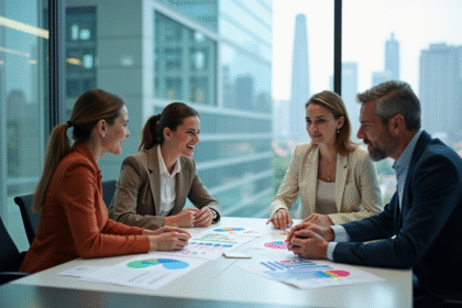 Groupe de quatre professionnels en réunion de projet