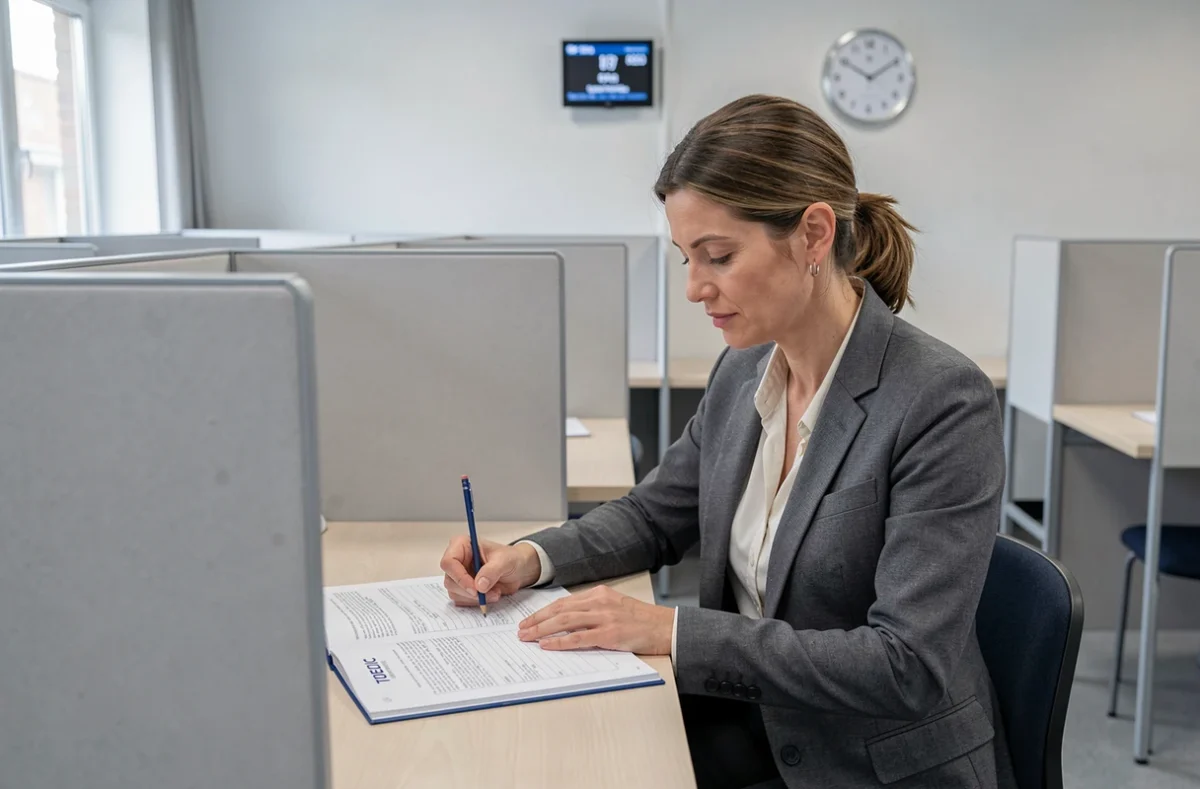 Femme professionnelle passant le test TOEIC dans un centre d'examen ETS Global à Bouguenais en Pays de la Loire