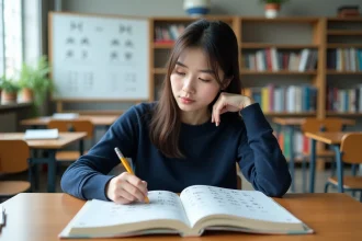 Jeune femme étudiant simultanément le japonais et le chinois avec des manuels ouverts côte à côte dans une salle de classe moderne