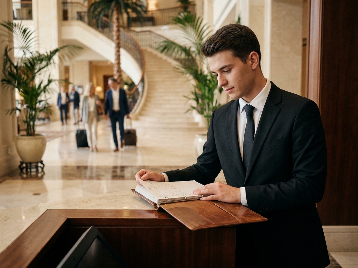 Étudiant en bachelor hôtellerie accueillant des clients à la réception d'un hôtel de luxe lors d'un stage professionnel