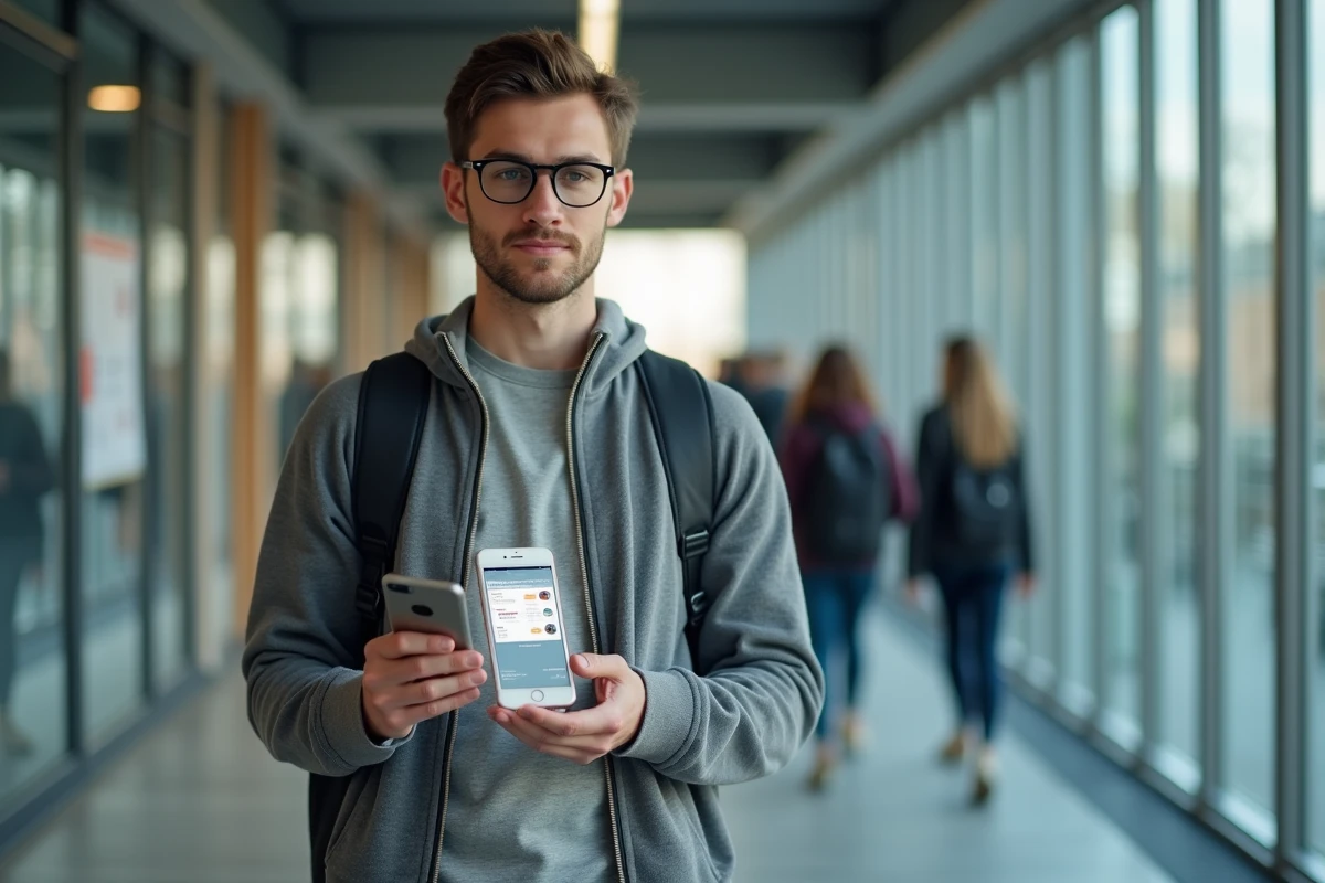 Étudiant comparant deux plateformes numériques scolaires sur smartphone dans un couloir de campus
