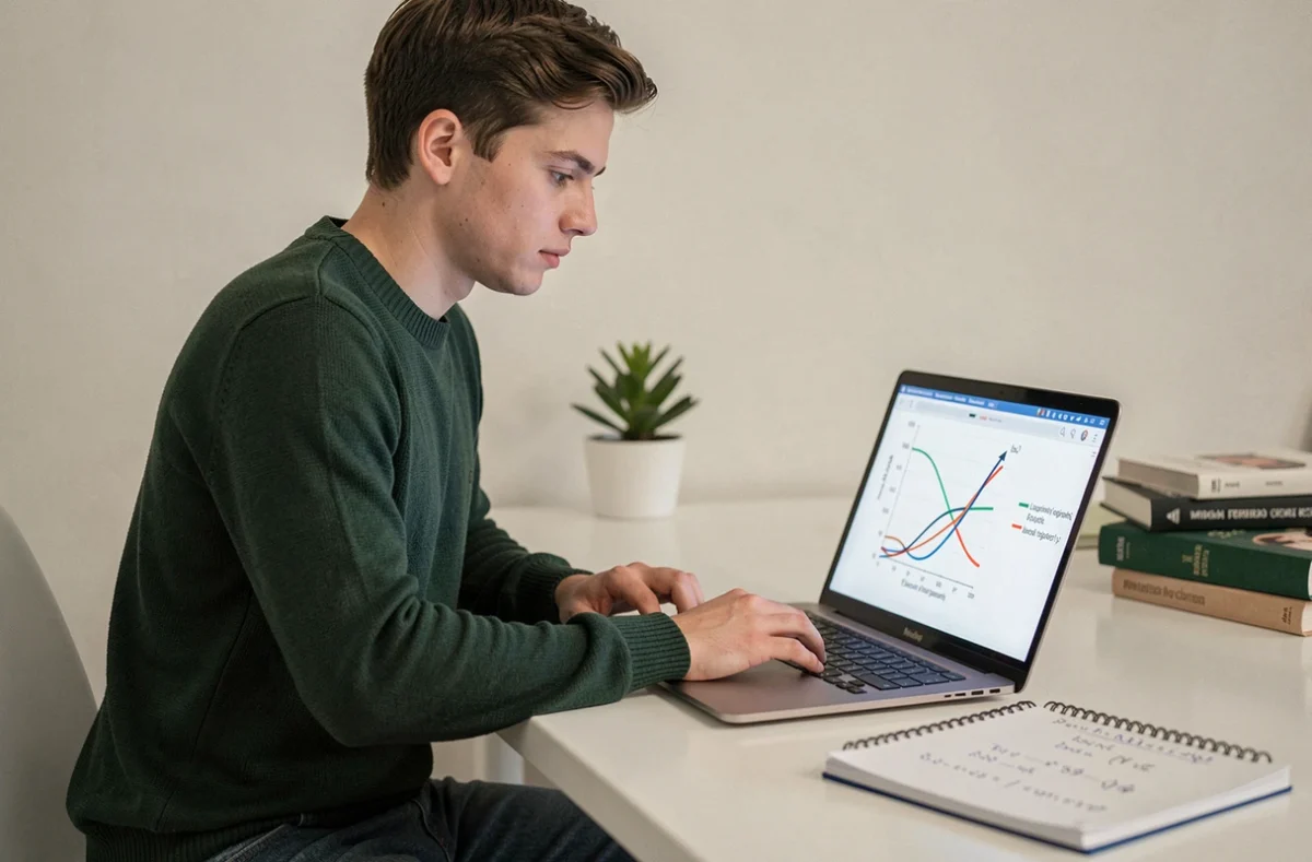 Étudiant en mathématiques analysant des courbes de croissance comparées sur ordinateur portable avec des notes de calcul de limites