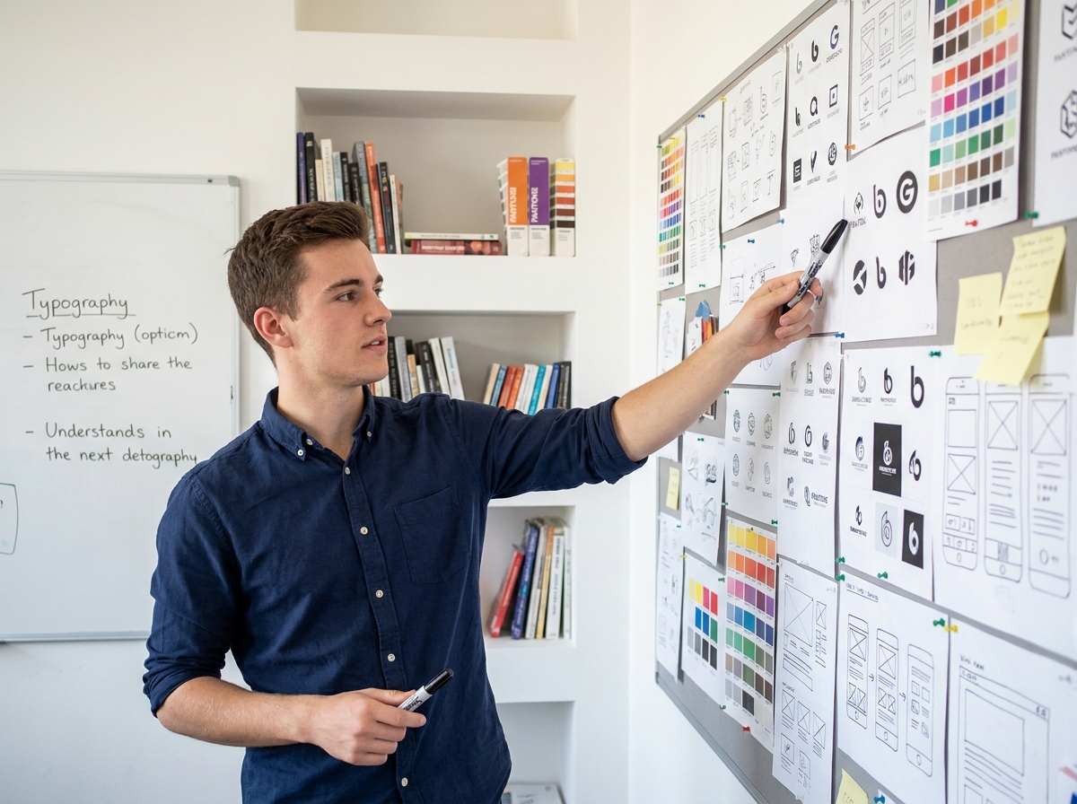 Étudiant en design graphique présentant des itérations de logo sur un tableau de critiques dans une salle de cours moderne