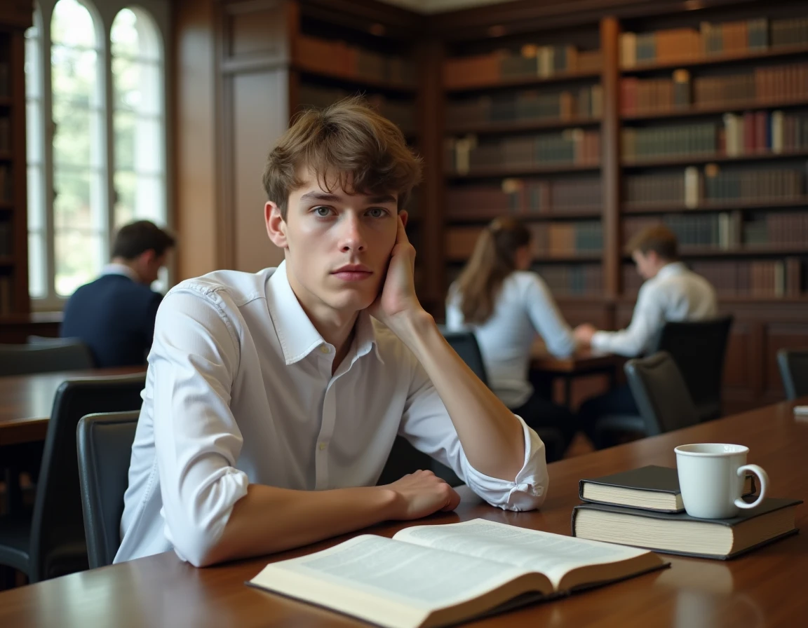 Étudiant en terminale préparant sa dissertation de philosophie dans une bibliothèque universitaire avant le Baccalauréat