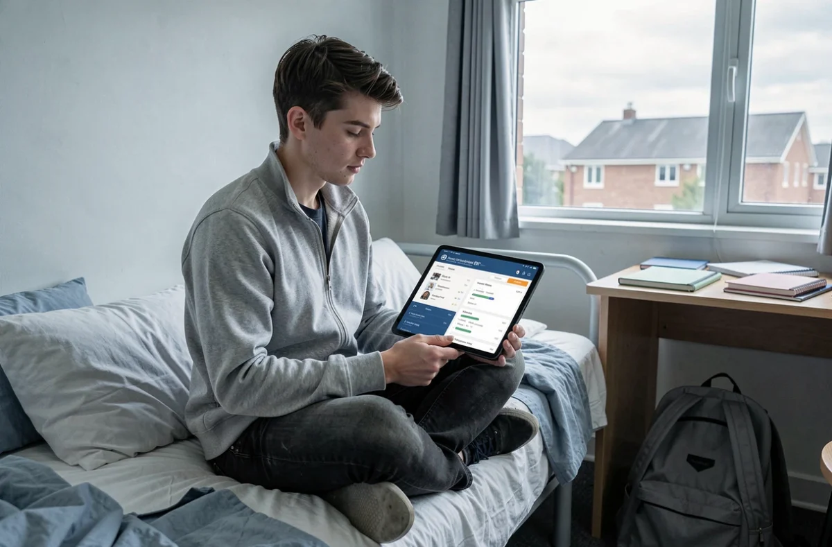 Étudiant masculin consultant l'ENT universitaire sur une tablette dans sa chambre de résidence