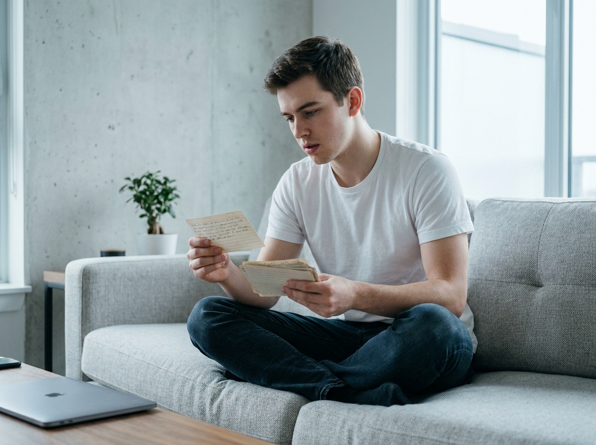 Étudiant universitaire révisant des fiches cartonnées manuscrites sur un canapé dans un appartement moderne