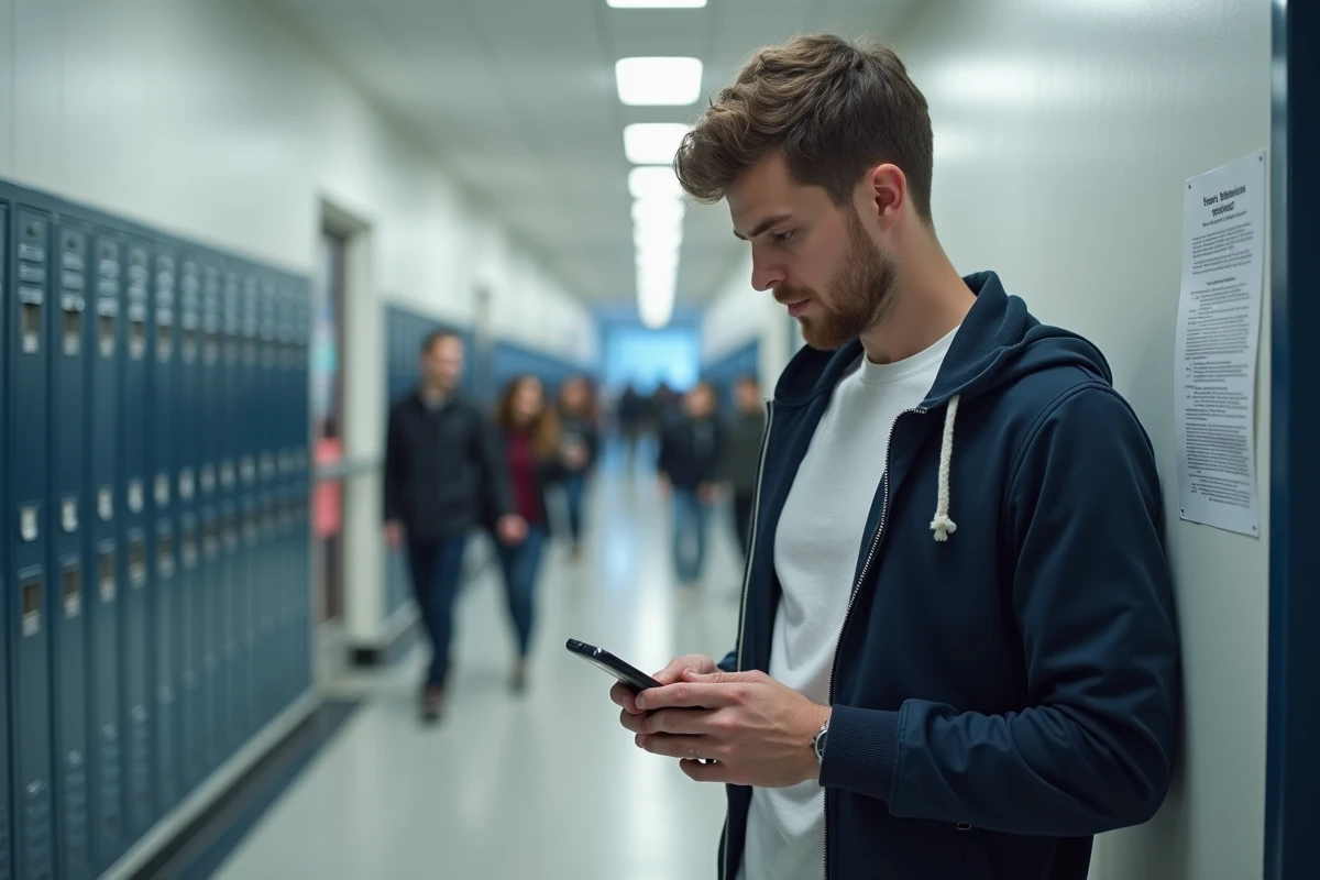 Étudiant utilisant HyperPlanning sur son téléphone dans un couloir de bâtiment universitaire