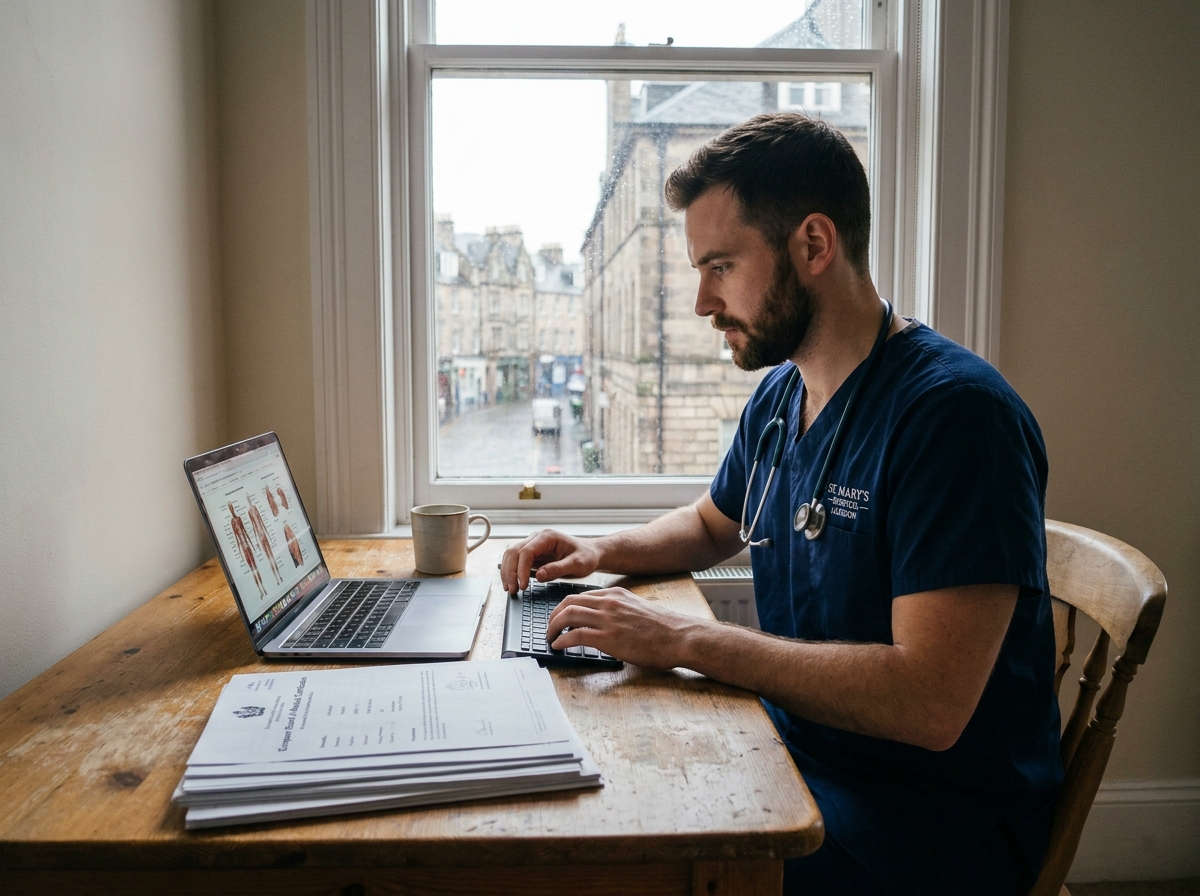 Étudiant en médecine révisant ses notes de certification médicale européenne sur un ordinateur portable dans une salle d'étude hospitalière