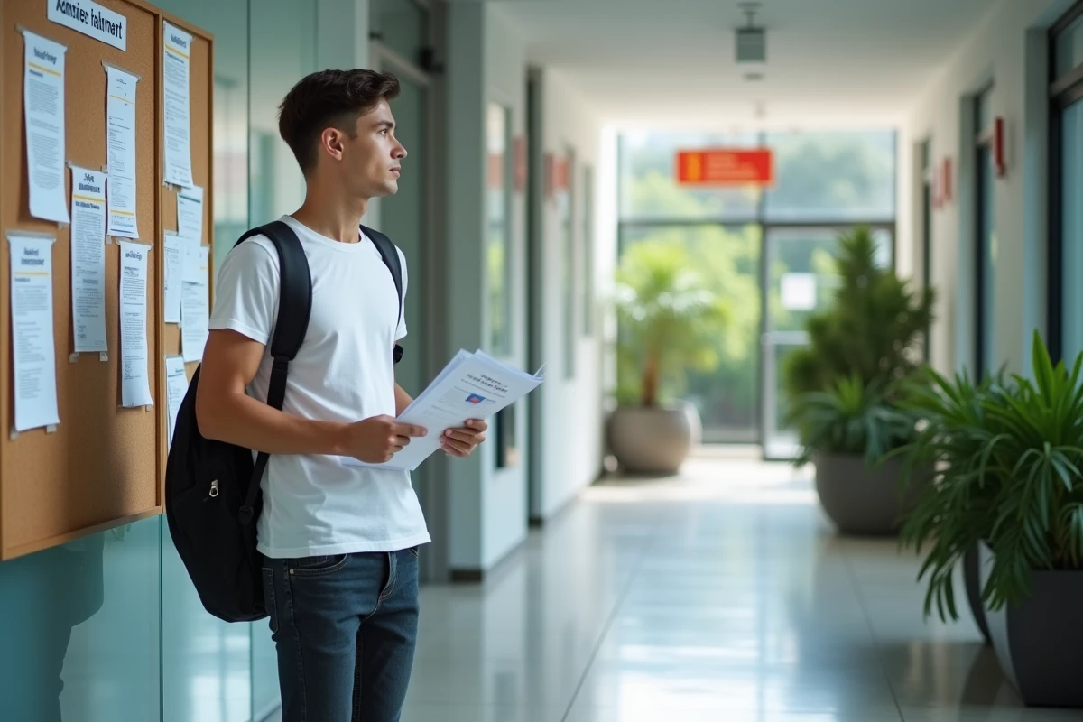 Étudiant consultant les options de financement et bourses affichées sur un panneau d'information du campus