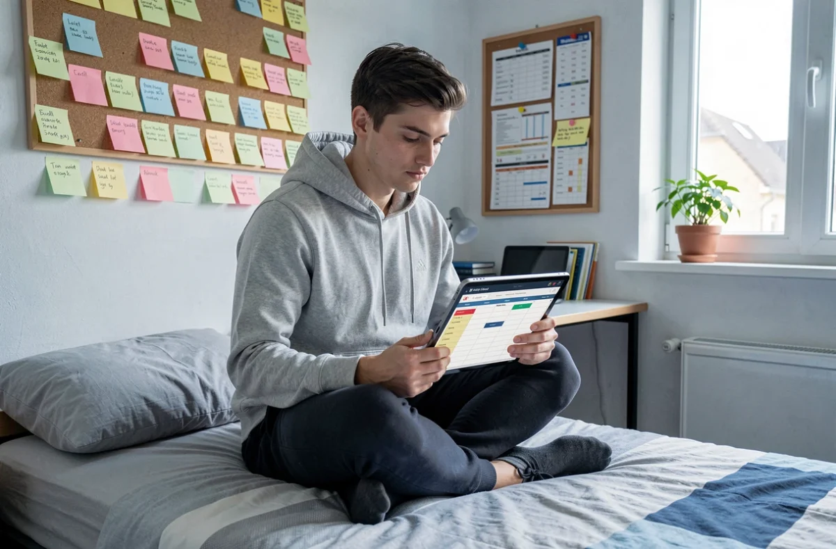 Étudiant organisant son planning de révision sur tablette dans sa chambre universitaire avec des post-its colorés
