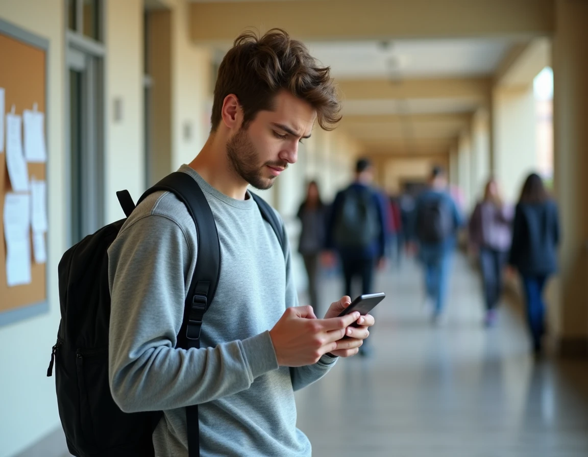 Étudiant cherchant comment contacter le support mycampus.eduservices.org depuis son smartphone dans un couloir universitaire