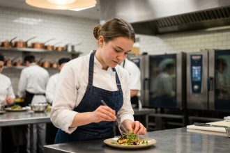 Étudiante en bachelor hôtellerie-restauration en train de dresser une assiette dans une cuisine professionnelle d'école