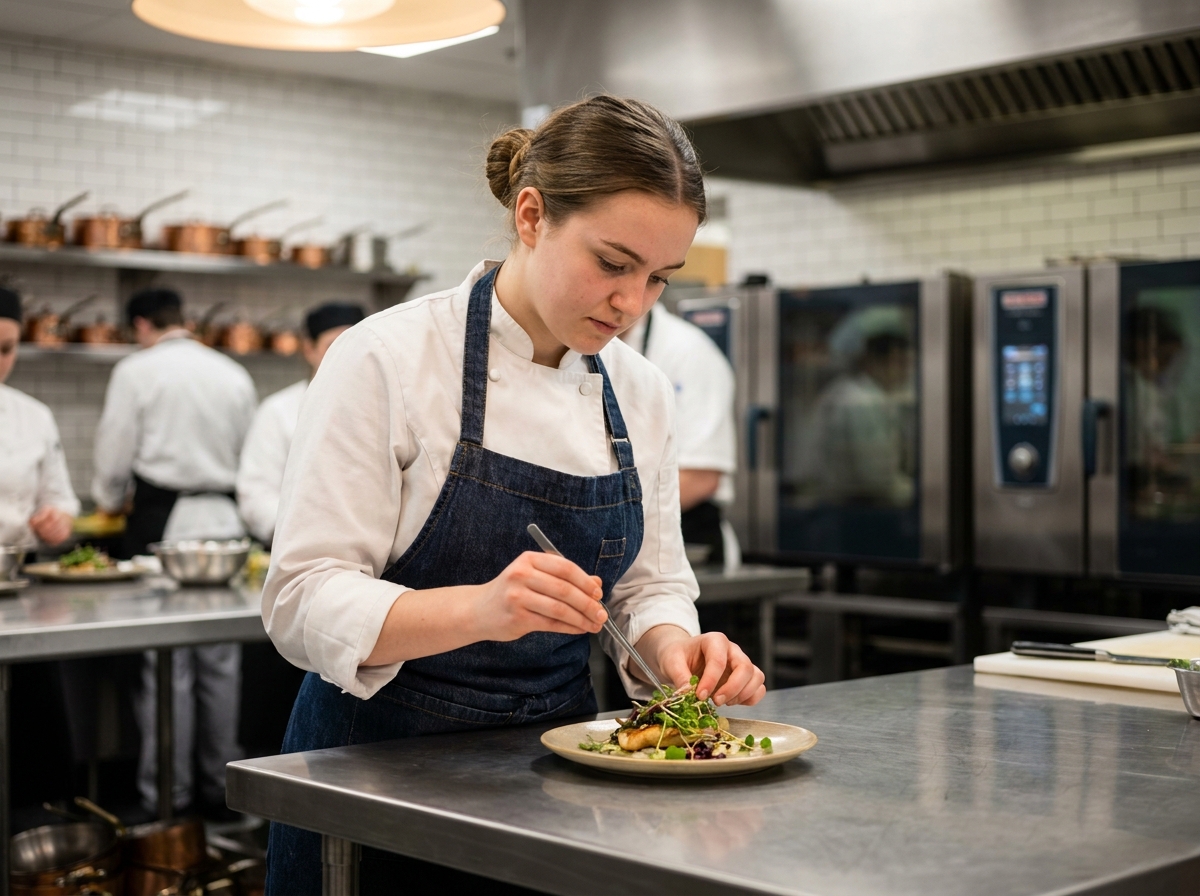 Étudiante en bachelor hôtellerie-restauration en train de dresser une assiette dans une cuisine professionnelle d'école