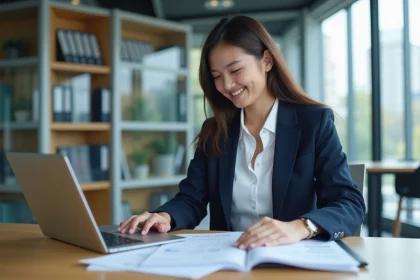 Étudiante en BTS Comptabilité et Gestion analysant des tableaux financiers dans un bureau professionnel moderne