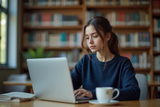 Étudiante configurant son compte ENT sur un ordinateur portable dans une bibliothèque universitaire