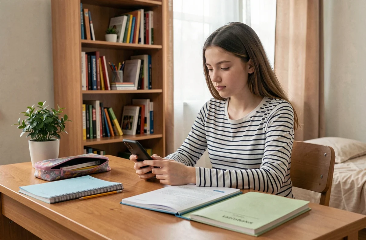 Étudiante se connectant à PSN MonLycée depuis son smartphone à son bureau à domicile