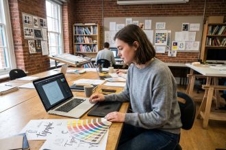 Étudiante en design graphique travaillant sur un projet de typographie dans un studio universitaire avec swatches et MacBook