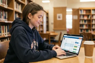 Étudiante consultant ses résultats universitaires sur l'ENT depuis un ordinateur portable en bibliothèque
