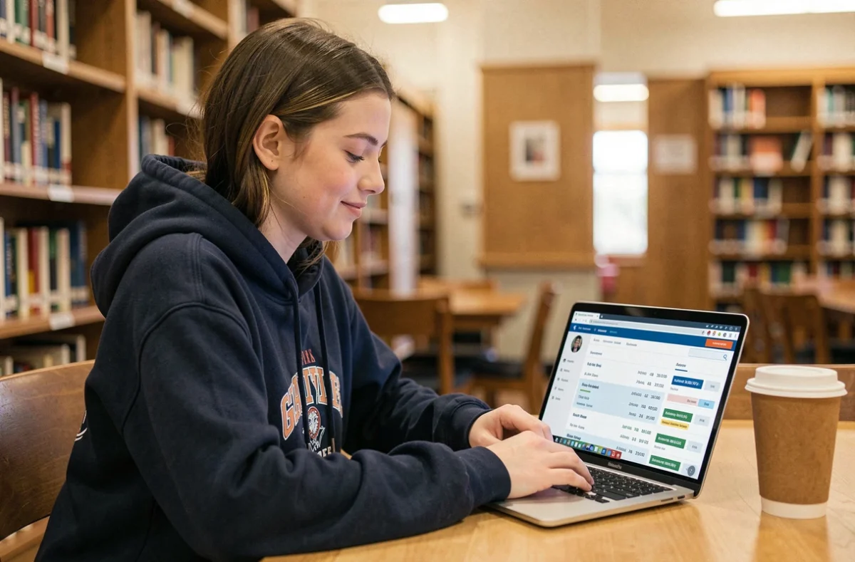Étudiante consultant ses résultats universitaires sur l'ENT depuis un ordinateur portable en bibliothèque