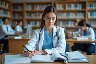 Étudiante en ergothérapie comparant des manuels dans une bibliothèque d'école paramédicale