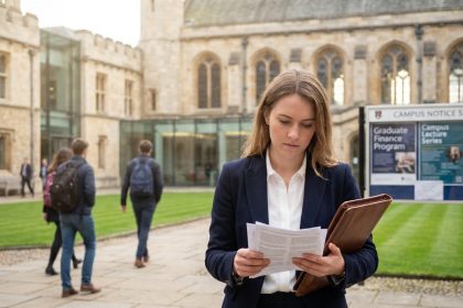 Étudiante en finance devant le campus d'une grande école de commerce tenant un portfolio