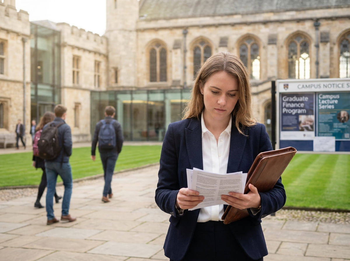 Étudiante en finance devant le campus d'une grande école de commerce tenant un portfolio